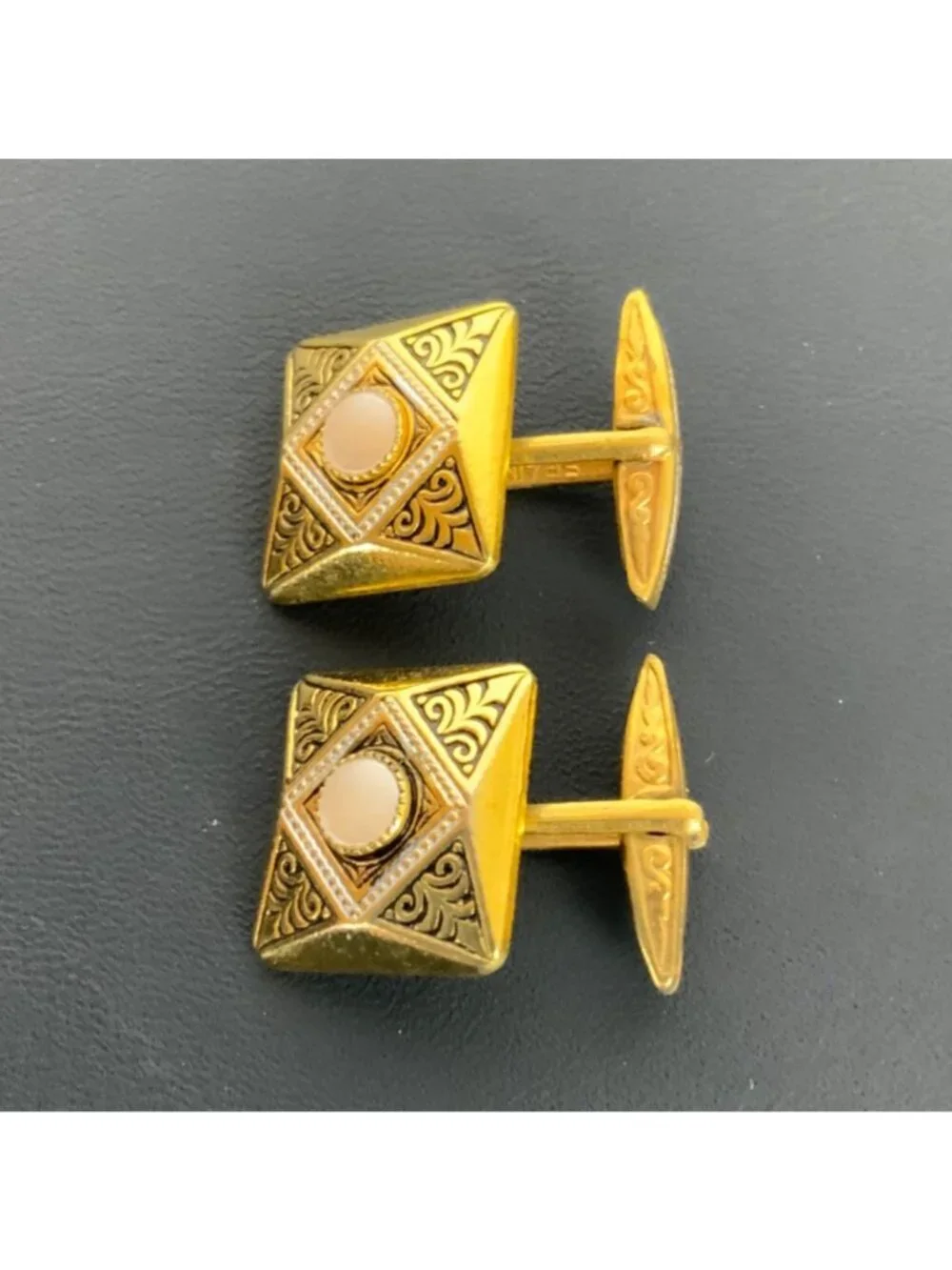 Vintage Gold-Tone Square Cufflinks With Ornate Design & Faux Pearl Accents Spain